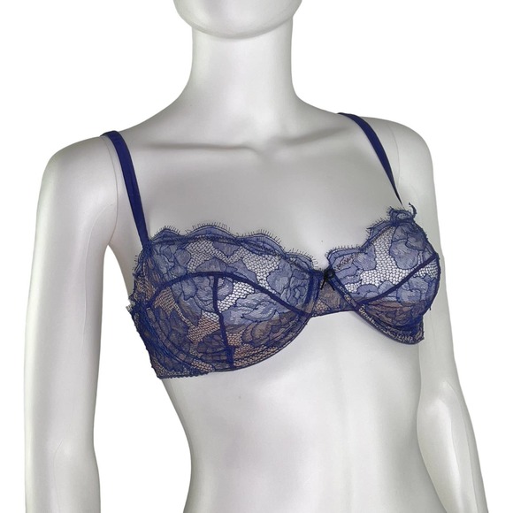 Fleur du Mal | 34DD Unlined Lace Underwire Balconette Bra | Blue - Picture 2 of 6